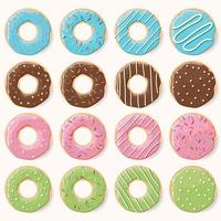verzameling van zestien geglazuurde kleurrijke donuts met verschillende smaken vector