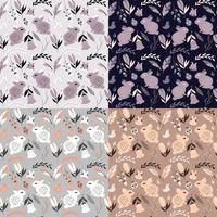 verzameling van vier naadloze patronen met konijnen, lieveheersbeestjes, vogels en bloemen vector