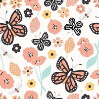 naadloze patroon met bloemen, florale elementen en vlinders, natuurleven