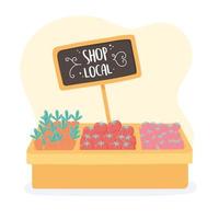 ondersteuning van lokale zaken, winkel kleine markt, verse natuurlijke biologische producten op de toonbank vector