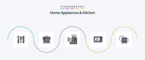 huis huishoudelijke apparaten en keuken lijn gevulde vlak 5 icoon pak inclusief heet . oven. mixer. machine. elektrisch vector