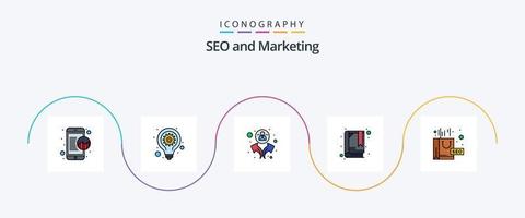 seo lijn gevulde vlak 5 icoon pak inclusief seo pakket. pakket. groep. complex. boekje vector