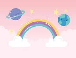 regenboog aarde saturnus planeten sterren met wolken cartoon vector