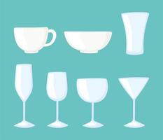 plastic of glazen bekers flessen testmodellen, keuken glaswerk gebruiksvoorwerpen pictogrammen vector