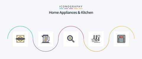 huis huishoudelijke apparaten en keuken lijn gevulde vlak 5 icoon pak inclusief schaal. reizen. pan. onderhoud. bestek vector