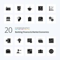 20 bank financiën en markt economie solide glyph icoon pak Leuk vinden kalender goedgekeurd doelwit schema lamp vector