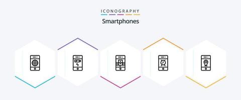 smartphones 25 lijn icoon pak inclusief telefoon. alert. toestand. alarm. video vector