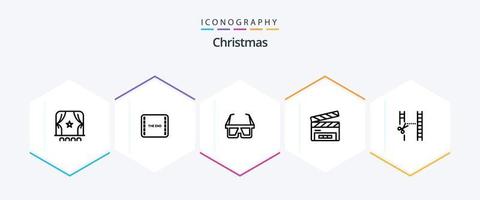 Kerstmis 25 lijn icoon pak inclusief cinematografie. film klep. d bril. filmklapper. duig vector