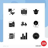 modern reeks van 9 solide glyphs pictogram van levering vloeistof doos schotel fles bewerkbare vector ontwerp elementen