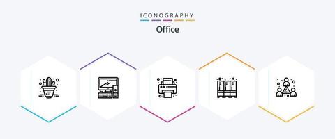kantoor 25 lijn icoon pak inclusief team. personeelsbestand. printer. collega. kastje vector