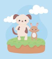 kleine schattige hond en konijn tekenfilm dieren in een natuurlijk landschap vector