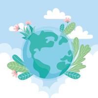 ecologie wereld met bloemen bladeren wolken redden planeet beschermen natuur en ecologie concept vector