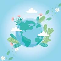 ecologie wereld met bloemen bladeren wolken redden planeet beschermen natuur en ecologie concept vector