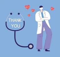 dank u artsen en verpleegsters, arts karakters stethoscoop harten vector