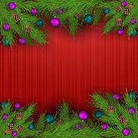 Kerst lege sjabloon met rode achtergrond en frame van kerstboomtakken versierd met kerstballen vector