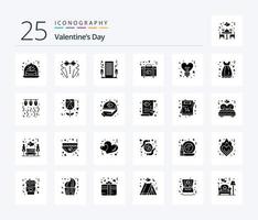 valentijnsdag dag 25 solide glyph icoon pak inclusief bruiloft. hart. binden. aktentas. romance vector