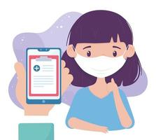 online gezondheid, patiënt met masker en smartphone-consult covid 19 coronavirus vector