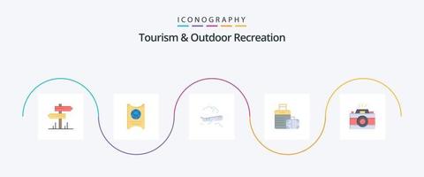 toerisme en buitenshuis recreatie vlak 5 icoon pak inclusief afbeelding. hotel. lucht . handtas. bagage vector