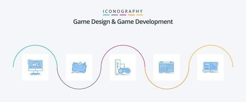 spel ontwerp en spel ontwikkeling blauw 5 icoon pak inclusief evenement. kalender. speurtocht. speel station. bedieningshendel vector