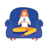 geïsoleerde avatar vrouw met smartphone op stoel vector ontwerp