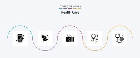 Gezondheid zorg glyph 5 icoon pak inclusief Gezondheid zorg. hulp. stethoscoop. diagnose vector