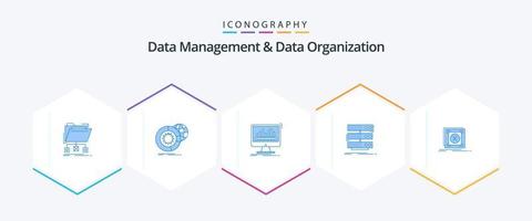 gegevens beheer en gegevens organisatie 25 blauw icoon pak inclusief rek. server. wereldbol. statistieken. dashboard vector