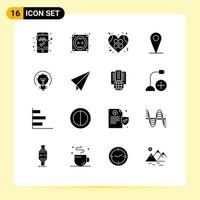 modern reeks van 16 solide glyphs pictogram van idee lamp gebroken pin plaats bewerkbare vector ontwerp elementen