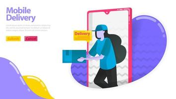 illustratie van mobiele levering. vrouwen die goederen bezorgen. koerier die uit de mobiele smartfone komt. levering order applicatie. platte vector concept voor bestemmingspagina, website, mobiel, apps ui, flyer