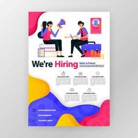 we huren werknemers zakelijke poster met platte cartoon illustratie. sollicitatiegesprek flyer pamflet brochure tijdschriftdekking ontwerp lay-outruimte voor promotiemarketing, vector afdruksjabloon a4-formaat