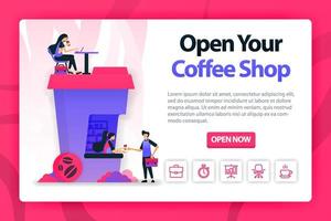 platte vectorillustratie over het openen van coffeeshop met één klik. bestelt koffie bij een barista en werkt aan het gebouw dat een koffiekopje vormde. kan gebruiken voor bestemmingspagina, website, web, startpagina, mobiel vector