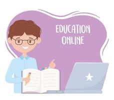 online onderwijs, leraar met notitieboekjepotlood en laptop vector