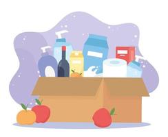 volle kartonnen doos met wijn, voedsel, toiletpapier schoonmaakproducten, overtollige aankoop vector