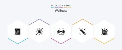 welzijn 25 glyph icoon pak inclusief verslaan. procedure. yoga. injectie. Gezondheid vector