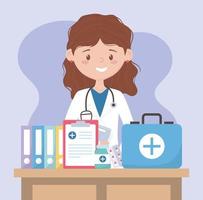 vrouwelijke arts met kit eerste hulp medisch rapport en medicijnen, artsen en ouderen vector