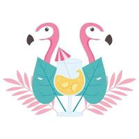 zomertijd vakantie toerisme flamingo vogels cocktail en tropische bladeren vector