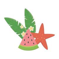 zomer reizen en vakantie strand watermeloen zeester bloemen en bladeren geïsoleerd ontwerp pictogram vector
