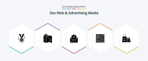 seo web en reclame media 25 glyph icoon pak inclusief ontwerp. indeling. plaats. mail. e-mail vector