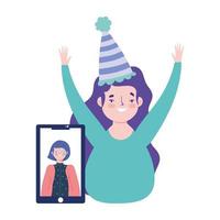 online feest, verjaardag of ontmoeting met vrienden, gelukkige vrouw met hoed en meisje in viering op mobiel scherm vector
