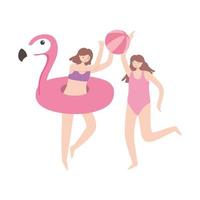 zomertijd vakantie toerisme meisjes met strandbal en flamingo float vector