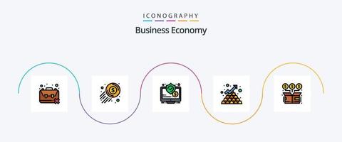 economie lijn gevulde vlak 5 icoon pak inclusief piramide. bedrijf. munt. bars. scherm vector