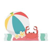 zomer reizen en vakantie strandbal krab bloemen handdoek vector