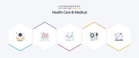 Gezondheid zorg en medisch 25 vlak icoon pak inclusief tandenborstel. bp monitor. tandheelkundige. bp graadmeter. draad vector