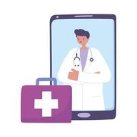 telegeneeskunde, mannelijke dokterskoffer, smartphone consultatie op afstand en online gezondheidszorg vector