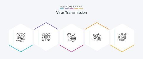 virus transmissie 25 lijn icoon pak inclusief bacteriën. vaccin. ziekte. spuit. verdovende middelen vector