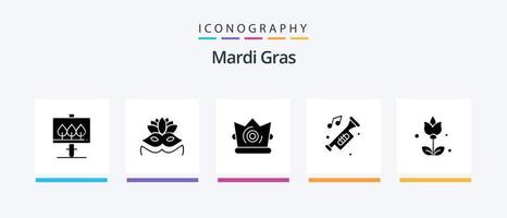 mardi gras glyph 5 icoon pak inclusief Geschenk. boeket. koning. trompet. Hoorn. creatief pictogrammen ontwerp vector