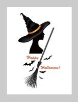 halloween-wenskaart met belettering happy halloween en heks in hoed en vleermuizen silhouetten vector