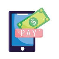 online betaling, betaalknop voor bankbiljetten op smartphone, winkelen op e-commercemarkt, mobiele app vector