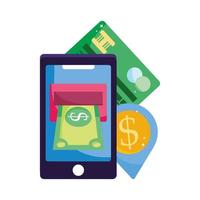 online betaling, smartphone bankbiljettengeld creditcard, e-commercemarkt winkelen, mobiele app vector