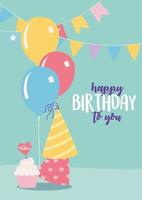 gelukkige verjaardag, feestmutsen en cupcake feestdecoratie cartoon vector
