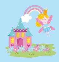 vliegende gevleugelde kleine fee prinses regenboog en kasteel met bloemen verhaal cartoon vector